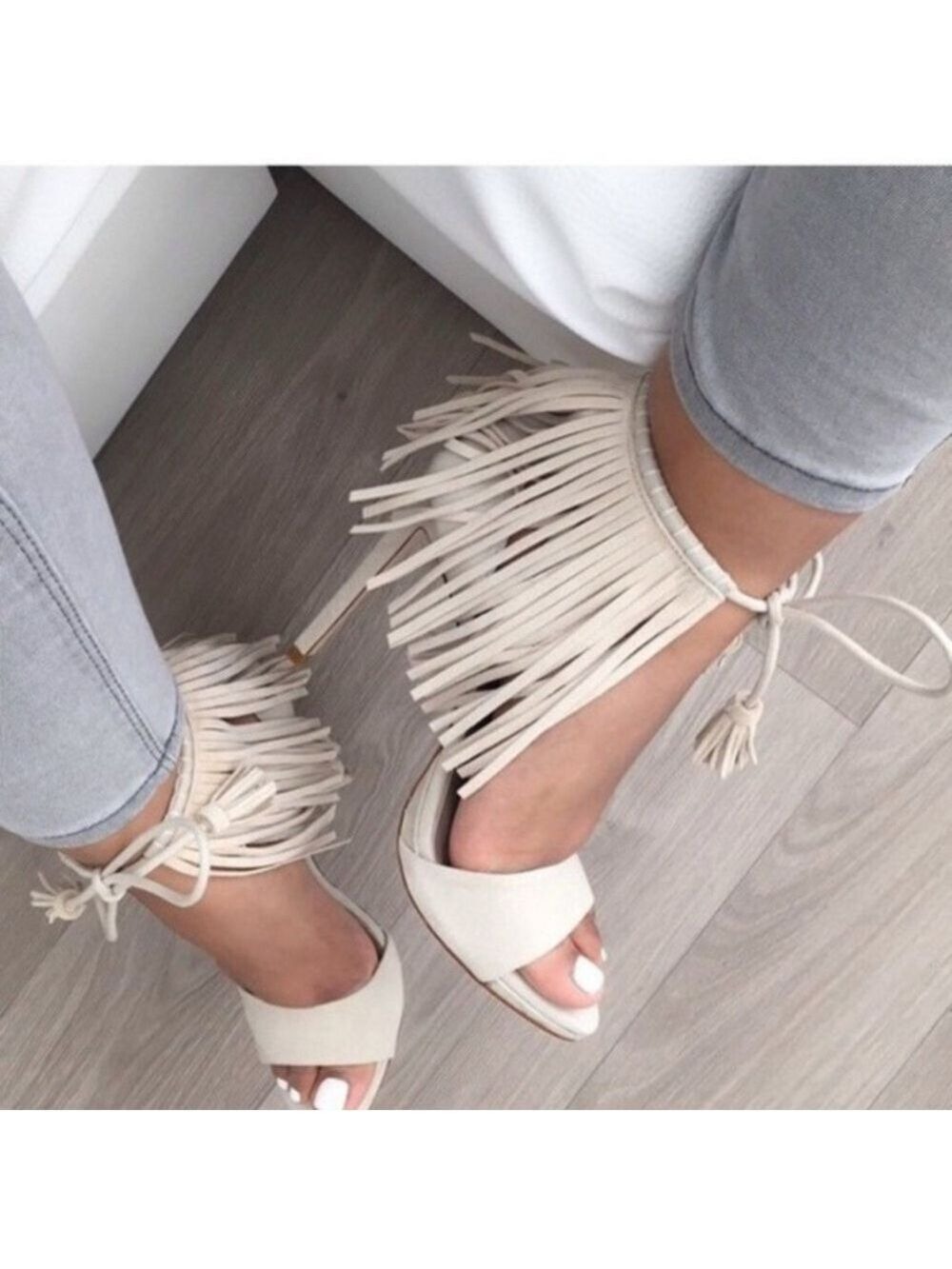 Zara Faux Suede Fringe Tassel Tie High Heel Sandals in Bone/Cream